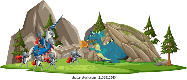 Scene with knight and dragon in fairytale land illustration