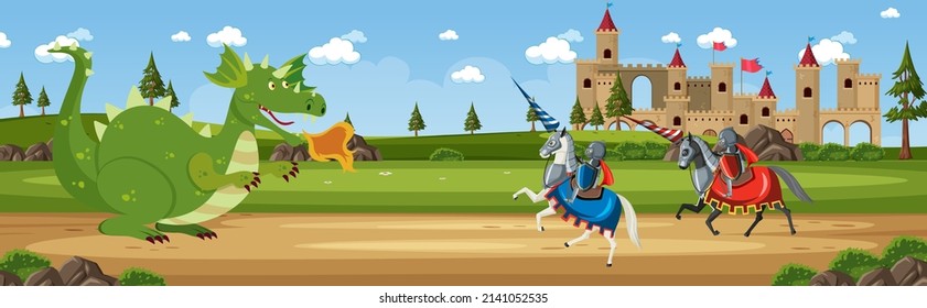 Scene with knight and dragon in fairytale land illustration