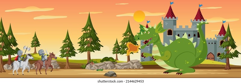 Scene with knight and dragon in fairytale land illustration