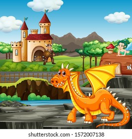 Scene with knight and dragon illustration