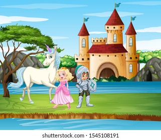 Cena com cavaleiro e princesa pela ilustração do castelo