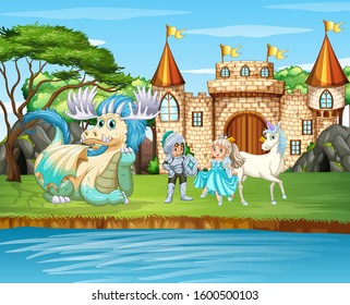 Scene with knight and princess at the castle illustration