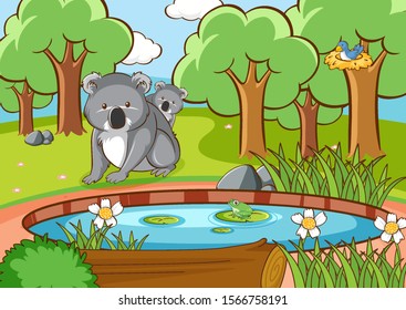 Scene with koala in the forest illustration