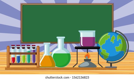 Escena con equipos de laboratorio en la ilustración de la mesa