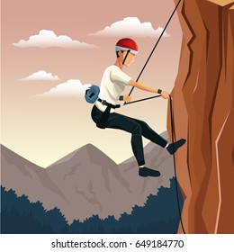 scene landscape man mountain descent with harness rock climbing