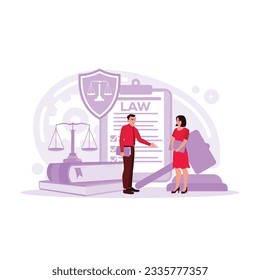 Scene of law and justice. Lawyer consultant client, judge knocking with a wooden gavel. Legal advice concept. Trend Modern vector flat illustration