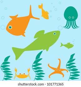 Scene from life of different marine inhabitants