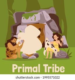 Scene from life of prehistoric ancient cave family - man makes fire woman sews clothes from animal skins. Poster with primitive stone age people. Flat cartoon vector illustration