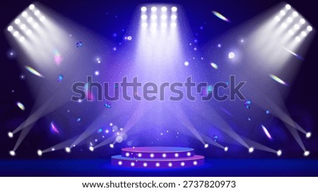Scene light effect. Background spotlight. Music award. Sparkle star stage. Luxury spot. Event show illuminated pedestal. Night stadium. Projector shine and confetti. Vector festive ceremony banner