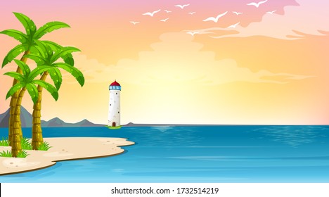 Scene with lighthouse in the middle of the ocean illustration