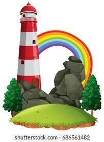 Szene mit Leuchtturm und Regenbogengrafik