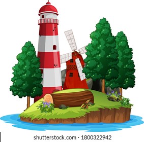 Scene with lighthouse and windmill on white background illustration