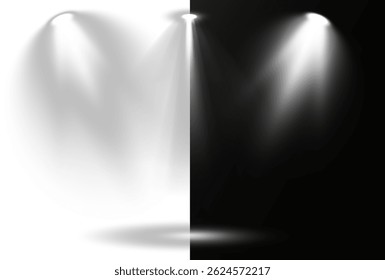 Scene lights simulate professional entertainment environments. Light beams cross on stage, creating dynamic overlays. Spotlight effects add depth to digital illustrations. Vector elements