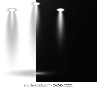 Scene lights simulate professional entertainment environments. Light beams cross on stage, creating dynamic overlays. Spotlight effects add depth to digital illustrations. Vector elements