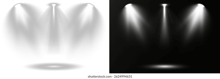 Scene lights simulate professional entertainment environments. Light beams cross on stage, creating dynamic overlays. Spotlight effects add depth to digital illustrations. Vector elements