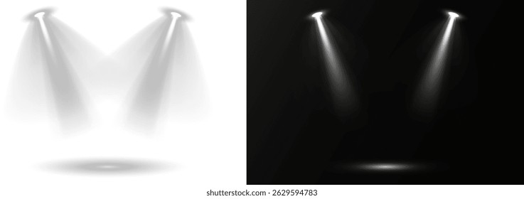 Las luces de escena simulan entornos de entretenimiento profesionales. Los rayos de luz se cruzan en el escenario, creando superposiciones dinámicas. Los efectos Spotlight añaden profundidad a las ilustraciones digitales. Elementos de Vector
