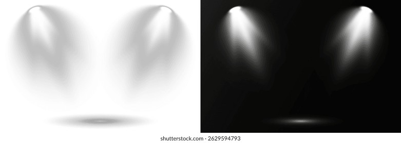 As luzes de cena simulam ambientes profissionais de entretenimento. Os feixes de luz se cruzam no palco, criando sobreposições dinâmicas. Os efeitos de Destaque adicionam profundidade às ilustrações digitais. Elementos vetoriais