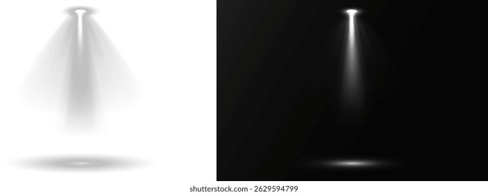 As luzes de cena simulam ambientes profissionais de entretenimento. Os feixes de luz se cruzam no palco, criando sobreposições dinâmicas. Os efeitos de Destaque adicionam profundidade às ilustrações digitais. Elementos vetoriais
