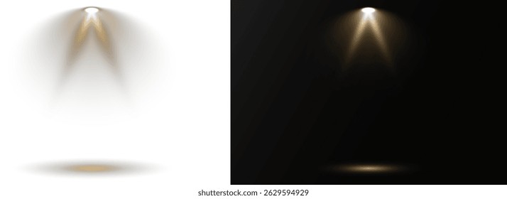 Scene lights simulate professional entertainment environments. Light beams cross on stage, creating dynamic overlays. Spotlight effects add depth to digital illustrations. Vector elements