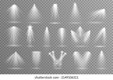 Scene lights. Staging light for theater or show stage. Spotlight flares, shine abstract lamp rays. Projector effects glow, illumination exact vector collection