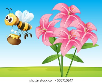 Scene with lily and bee illustration