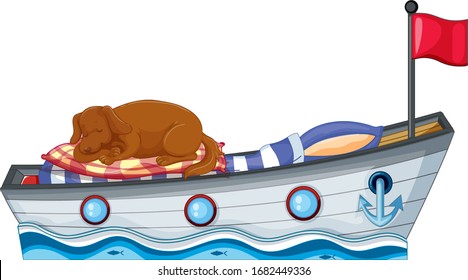 Scene with little dog sleeping on the boat bed illustration