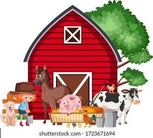 Scene with little girl feeding animals on the farm illustration