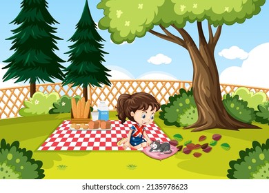 Scene with little girl playing kitten in garden illustration