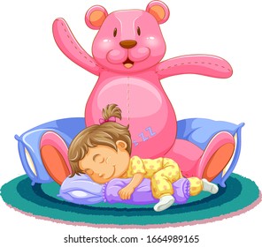 Scene with little girl sleeping with pink teddy bear illustration