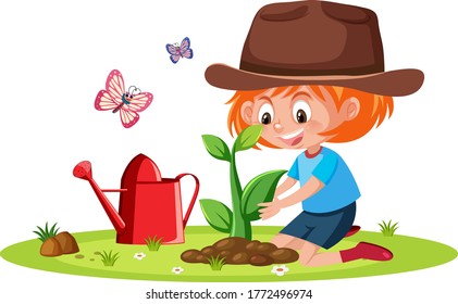 Scene with little girl watering plant in the garden illustration