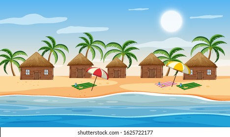 Scene with little huts on the beach at day time illustration