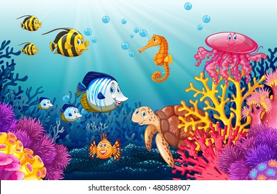 Scene with lives underwater illustration