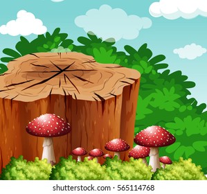 Scene with log and mushroom in garden illustration