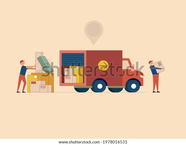 Scene of a logistics company, moving house, boxes,\
shipping by truck 