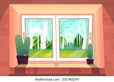 Die Szene sah durch Glasfenster und sah den Naturpark draußen, TopPflanzen auf Fenster mit Sonnenlicht, Vektorgrafik