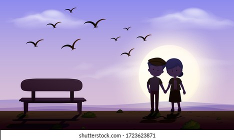 Scene with love couple holding hand at sunset illustration