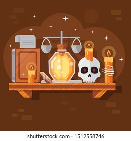 Scene with magic potion bottle, old scales, witchcraft spell book with scroll, mystical crystal, scull and skeleton's hand holding burning candle. Concept with golden elixir liquid on wooden shelf.