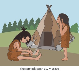 scene of making fire at prehistoric settlement, funny vector cartoon illustration of starting bonfire with hand drill
