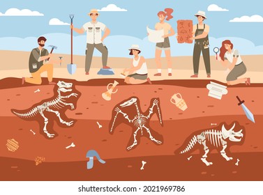 Scene with male, female cartoon characters archaeologists working on excavation, skeletons of dinosaurs, various ancient object. Flat style vector illustration. Archeology, scientific discoveries.