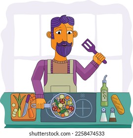 A scene of a man cooking or preparing a healthy meal like vegetable curry or Chinese food a kitchen. In an abstract cubist flat modern cartoon style