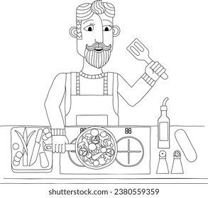 A scene of a man cooking or preparing a healthy meal like vegetable curry or Chinese food a kitchen. In an abstract cubist flat modern cartoon style