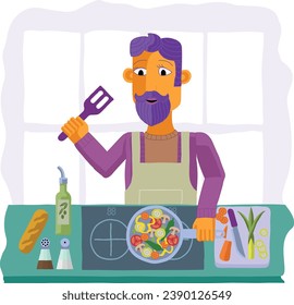 A scene of a man cooking or preparing a healthy meal like vegetable curry or Chinese food a kitchen. In an abstract cubist flat modern cartoon style