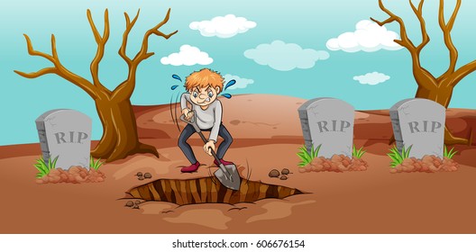 Scene with man digging hole in graveyard illustration