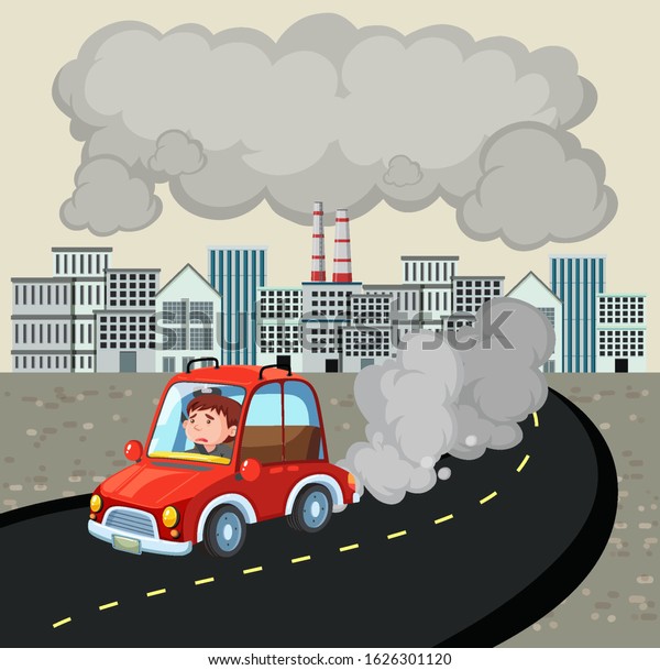 Scene with man driving car in the city full\
of bad air illustration