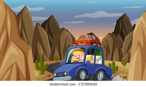 Scene with man driving car in the mountain illustration