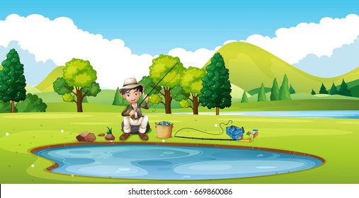 Scene with man fishing by the pond illustration