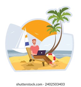 A scene with man on seaside with laptop remote work with palm and yacht in background.
Illustration.