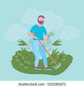 scene of man with rake, tool of garden vector illustration design
