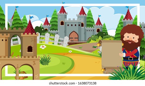 Scene with man standing by the castle towers illustration