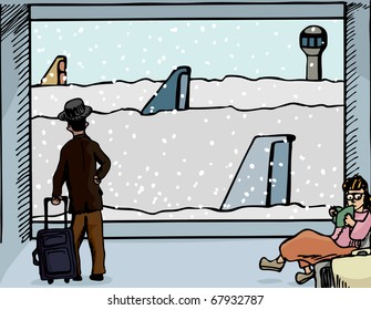 Scene of a man and woman at an airport departure gate with airplanes covered in deep snow.